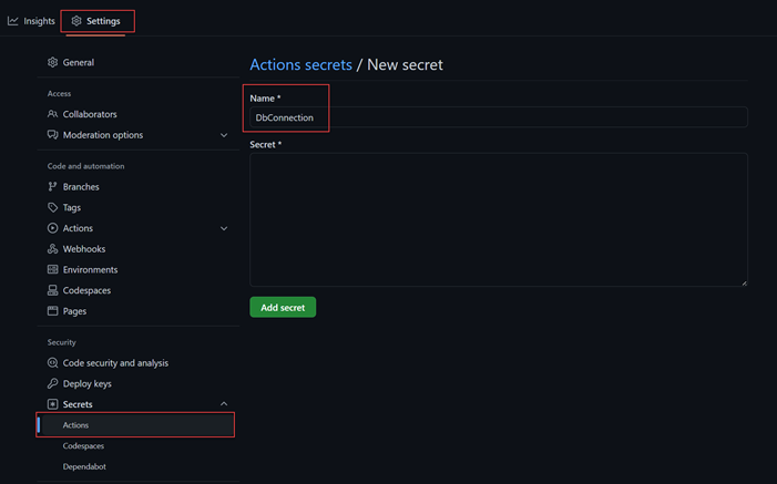 Screenshot che mostra come creare un segreto GitHub.