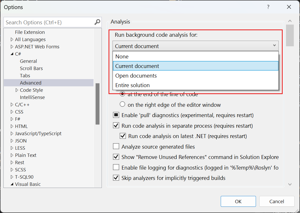 Screenshot che mostra le opzioni per l'ambito dell'analisi del codice in background in Visual Studio.