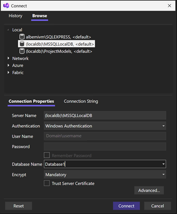 Screenshot della finestra di dialogo Esplora Oggetti di SQL Server - Connetti.