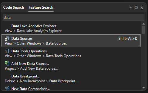 Screenshot delle origini dati nella casella di ricerca.
