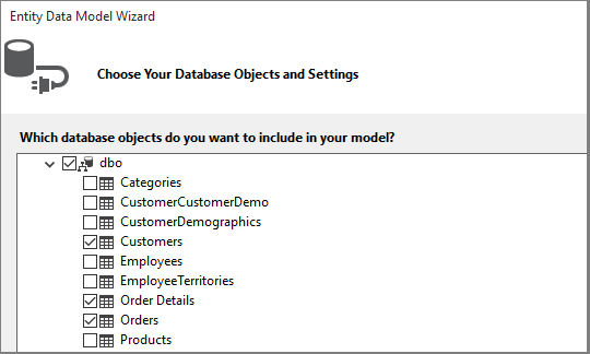 Screenshot che mostra gli oggetti di database selezionati del modello di dati.