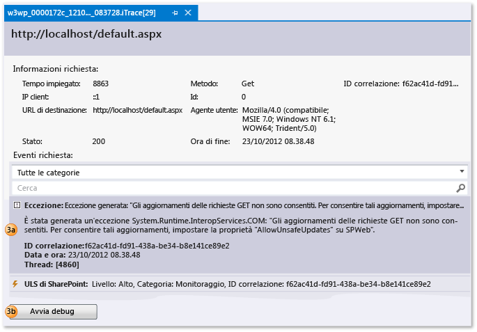 File di log intelliTrace - Visualizzare la richiesta Web e gli eventi