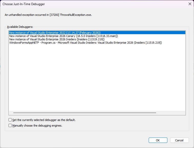 Screenshot della finestra di dialogo Scegli just-In-Time Debugger, visualizzata dopo la visualizzazione dell'eccezione nella finestra della console ThrowsNullException.exe.