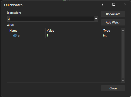 Screenshot di una variabile nella finestra QuickWatch.