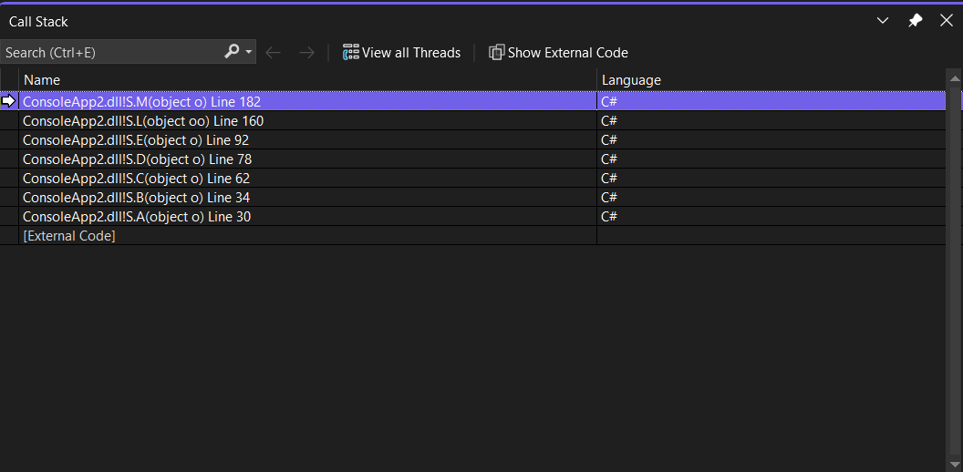 Screenshot che mostra la finestra del Call Stack.