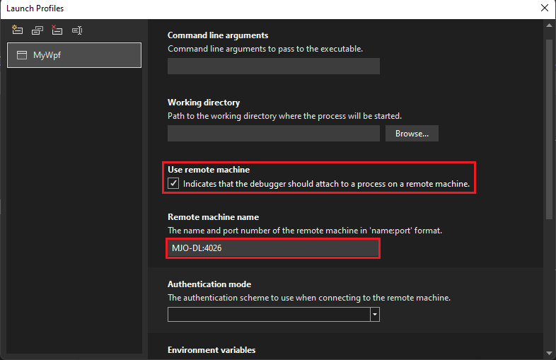 Screenshot dell'interfaccia utente del profilo di avvio di debug nelle proprietà del progetto Visual Studio per C# e .NET.