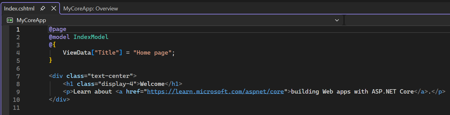 Screenshot mostra il file Index.cshtml aperto nell'editor di Visual Studio Code.