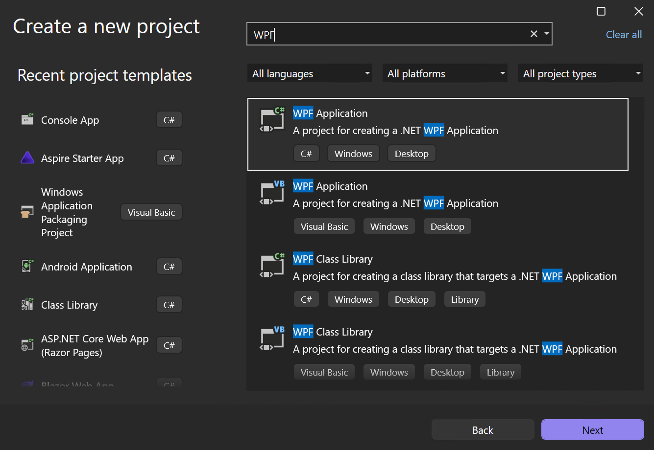 Screenshot della finestra di dialogo 'Crea un nuovo progetto' con 'WPF' nella casella di ricerca e il modello 'Applicazione WPF' evidenziato.