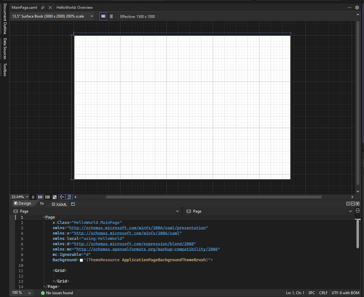 Screenshot che mostra l'apertura MainPage.xaml nell'IDE di Visual Studio. Il riquadro Progettazione XAML mostra un'area di progettazione vuota e il riquadro Editor XAML mostra parte del codice XAML.