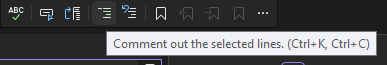 Screenshot del pulsante Comment out nella barra degli strumenti editor di testo in Visual Studio.