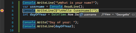 Screenshot che mostra un valore di variabile durante il debug in Visual Studio 2022.