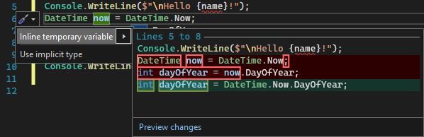 Screenshot che mostra il suggerimento della variabile temporanea Inline in Visual Studio 2022.