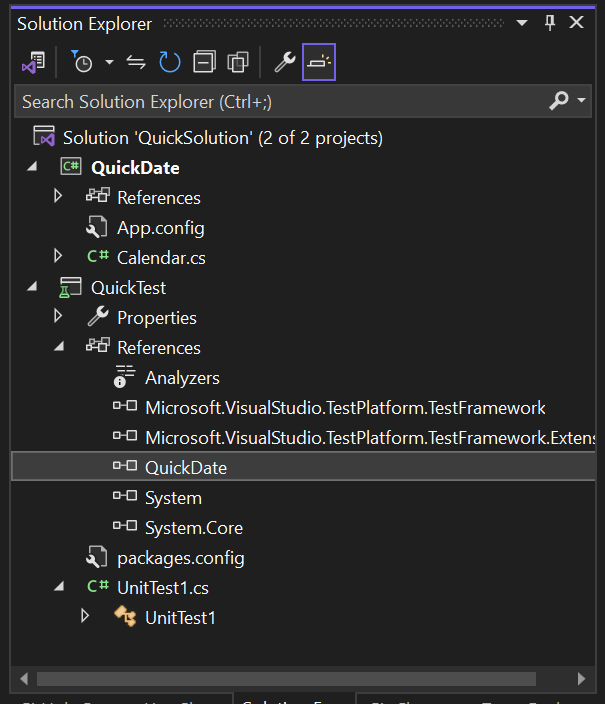 screenshot di Esplora soluzioni che mostra un riferimento al progetto.