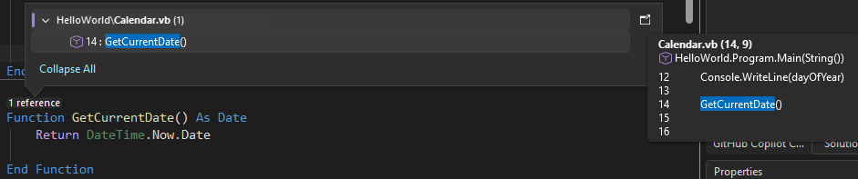 Screenshot che mostra CodeLens in Visual Studio.