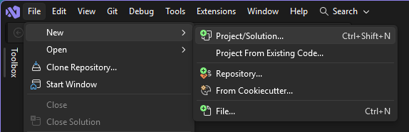 Screenshot di File > Nuovo > Progetto dalla barra dei menu di Visual Studio.
