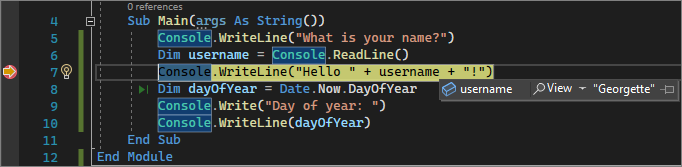 Screenshot che mostra un valore di variabile durante il debug in Visual Studio 2022.