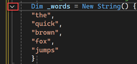 Screenshot dell'editor di Visual Studio Code con il pulsante per la compressione della struttura di una sezione di codice evidenziata in red.