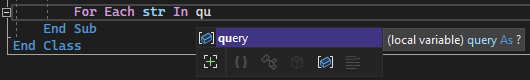 Screenshot della finestra di completamento della parola IntelliSense per la parola 'query' nell'editor di codice in Visual Studio.
