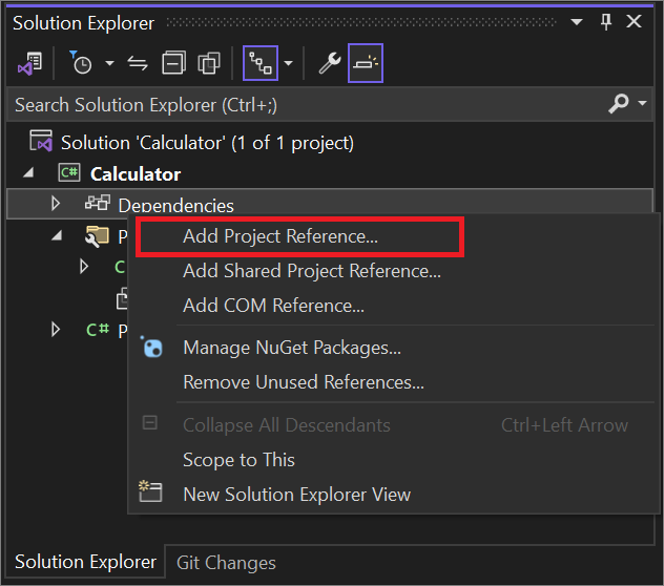 Screenshot dell'opzione Aggiungi riferimento al progetto dal menu di scelta rapida.