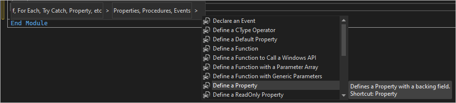 Screenshot dello strumento di selezione del frammento di codice Visual Basic con Definisci una proprietà selezionata in Proprietà, Routine, Eventi.