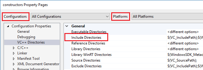 Screenshot che mostra l'impostazione Includi directory nella sezione Proprietà di configurazione.