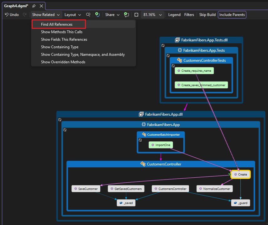 Screenshot che illustra come creare una mappa di tutti i riferimenti a codice specifico usando CodeLens in Visual Studio.