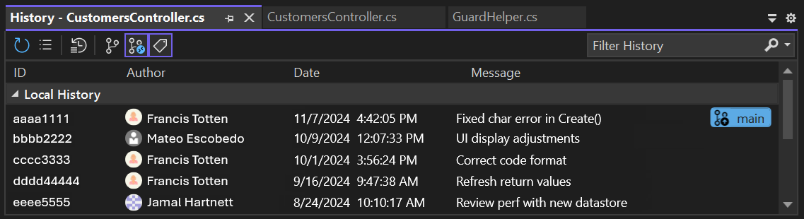 Screenshot che mostra la cronologia delle modifiche di CodeLens per il codice in un repository GitHub in Visual Studio.