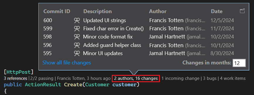 Screenshot che mostra i dati della cronologia delle modifiche per il codice in CodeLens per Visual Studio.