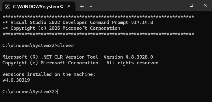 Screenshot del prompt dei comandi per gli sviluppatori per Visual Studio.