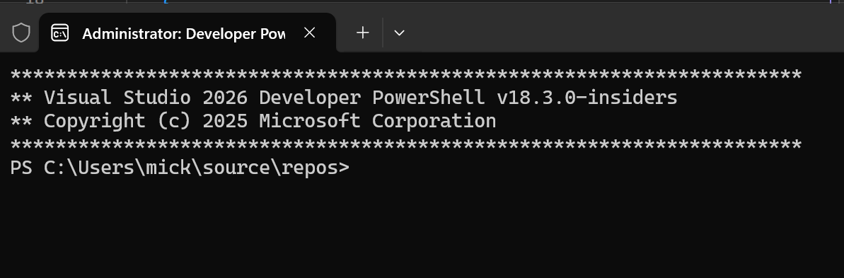 Screenshot dello strumento Developer PowerShell in Visual Studio.