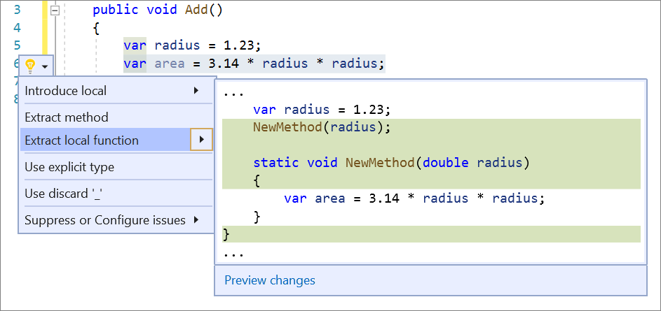 Screenshot della finestra del codice Visual Studio con una riga evidenziata. Il menu Azioni rapide e refactoring è aperto ed è selezionata la funzione locale Extract.