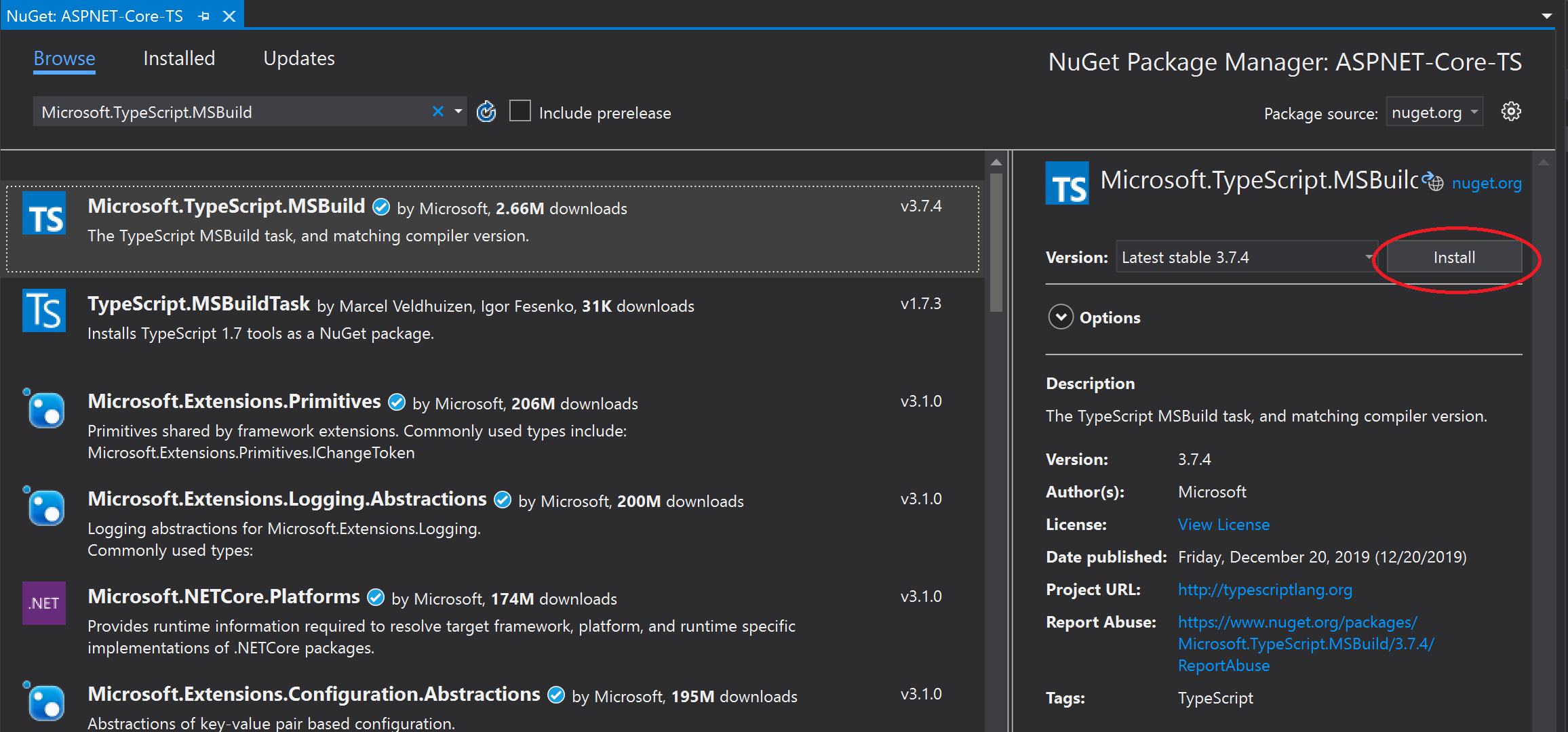 Screenshot che mostra come installare il pacchetto NuGet.