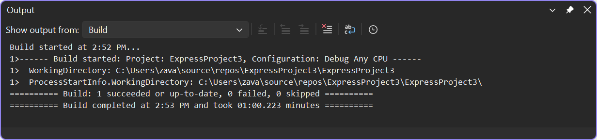Screenshot della finestra Output in Visual Studio con output di compilazione minimo.