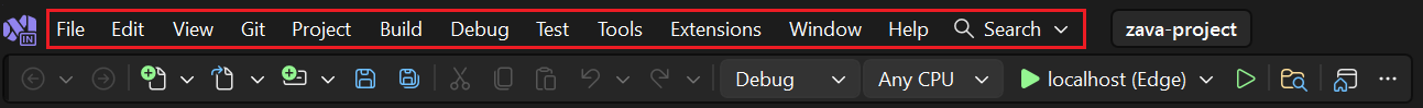 Screenshot della barra dei menu in Visual Studio.