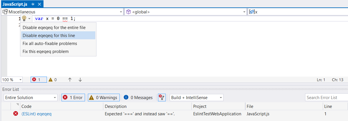 Screenshot dell'esecuzione di azioni rapide di linting.