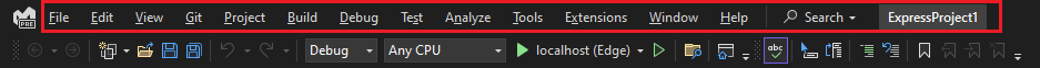 Screenshot della barra dei menu in Visual Studio 2022.
