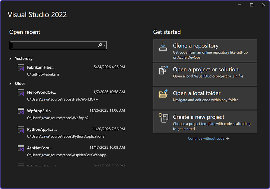 Screenshot della finestra iniziale quando Visual Studio 2022 apre.