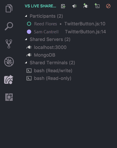 Screenshot che mostra la scheda Live Share in Visual Studio Code.
