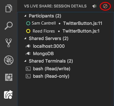 Screenshot che mostra il pulsante Lascia sessione di collaborazione.