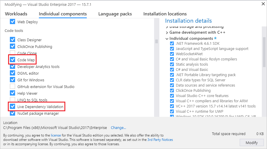 Componenti Code Map e Convalida in tempo reale delle dipendenze in Visual Studio Installer