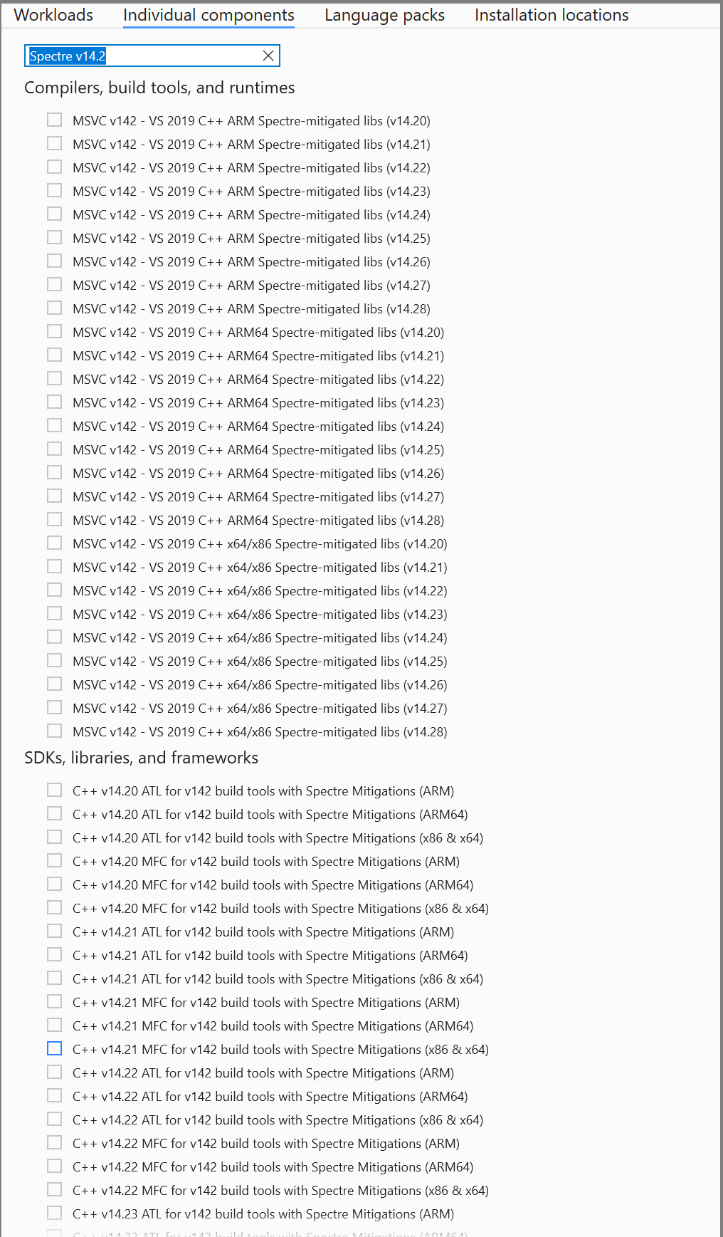 Screenshot che mostra come aggiornare l'installazione per includere la libreria di mitigazioni Spectre.