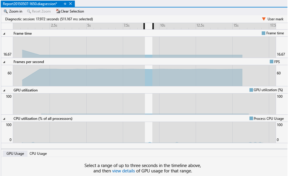 Screenshot della finestra della sessione di diagnostica con intervallo selezionato