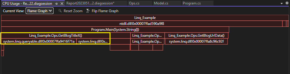 Screenshot dell'utilizzo migliorato della CPU nella visualizzazione Flame Graph dello strumento Utilizzo CPU.