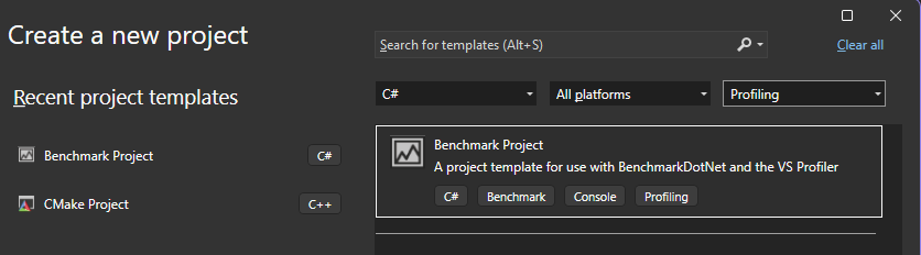 Schermata del modello BenchmarkDotNet in Visual Studio.