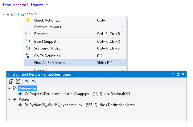 Screenshot che visualizza i risultati di Trova Tutti i Riferimenti in Visual Studio.