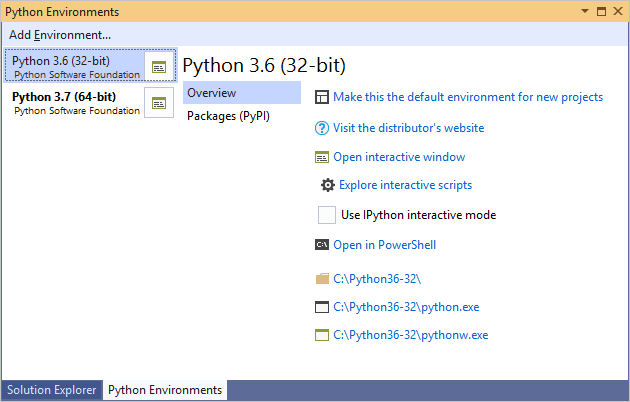 vista espansa della finestra Ambienti Python