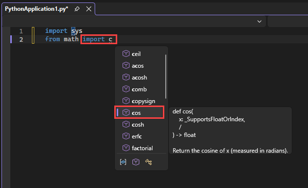 Screenshot che mostra in che modo IntelliSense visualizza i membri del modulo disponibili per la funzione di importazione nell'editor in Visual Studio.