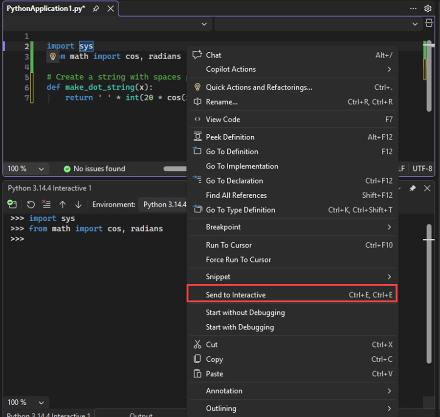 Screenshot che mostra come inviare codice per l'importazione e dalle istruzioni alla finestra interattiva in Visual Studio.