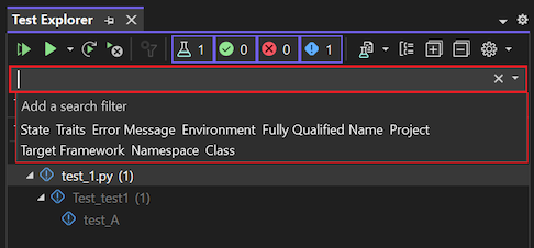 Screenshot che mostra come filtrare la visualizzazione dei test in Esplora test usando il campo Cerca.