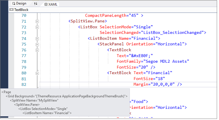 Visualizzatore struttura per l'editor XAML